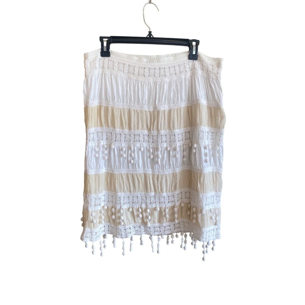 Trina Turk Skirt w/ Pom Poms Women's 12 Ivory Beige Cotton Silk Lined - Picture 10 of 15